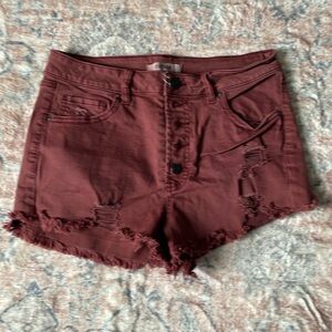 Maroon, jean shorts